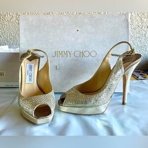 Jimmy Choo Nova Champagne Glitter Peep Toe Slingback Heels 35/6